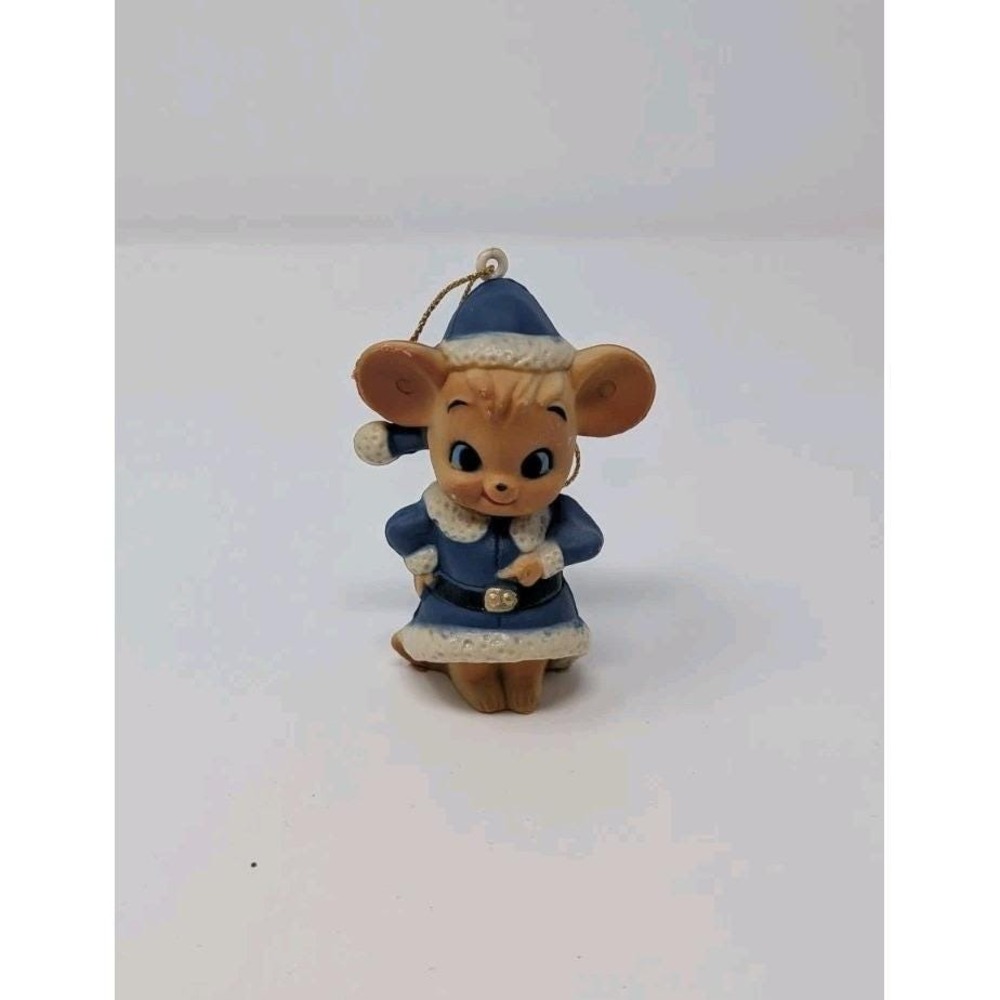Vintage Santa Claus Mouse Figurine Ornament Celluloid Blue MCM Hong Kong